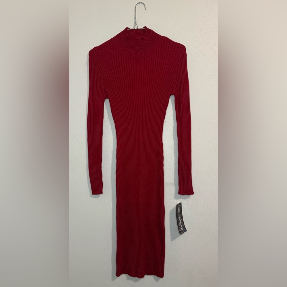 Nina Leonard Red Long Sleeve Dress Ribbed mock turtleneck NWT